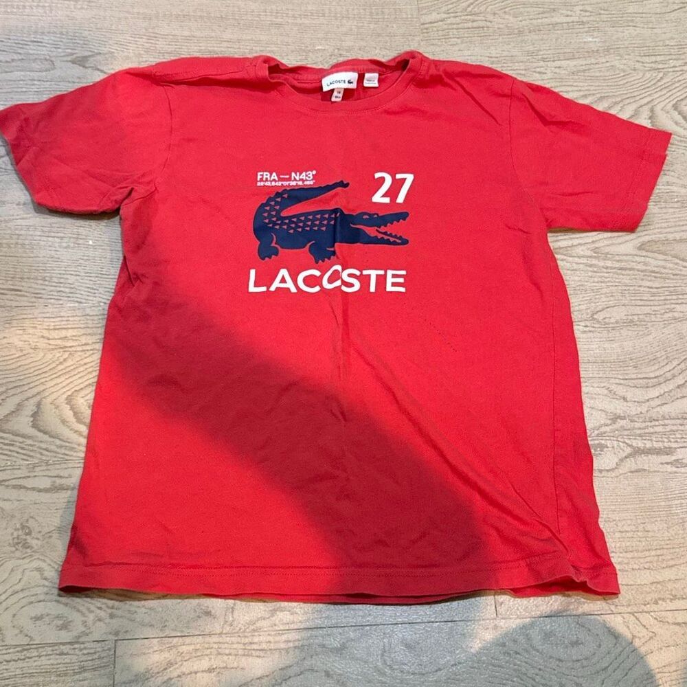 Lacoste Boys Red Crew Neck 27 Print Cotton T-shirt‎ size 14 boys